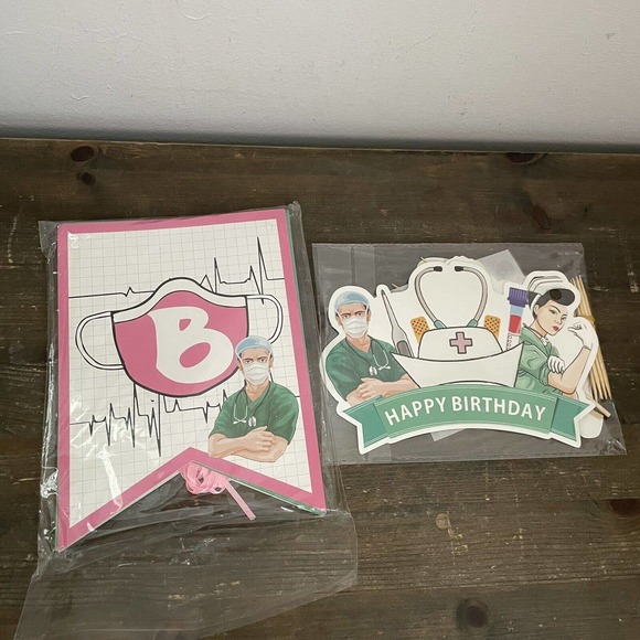 Nurse Happy Birthday Bundle Nursing Banner Cake Cupcake Toppers - Picture 3 of 4